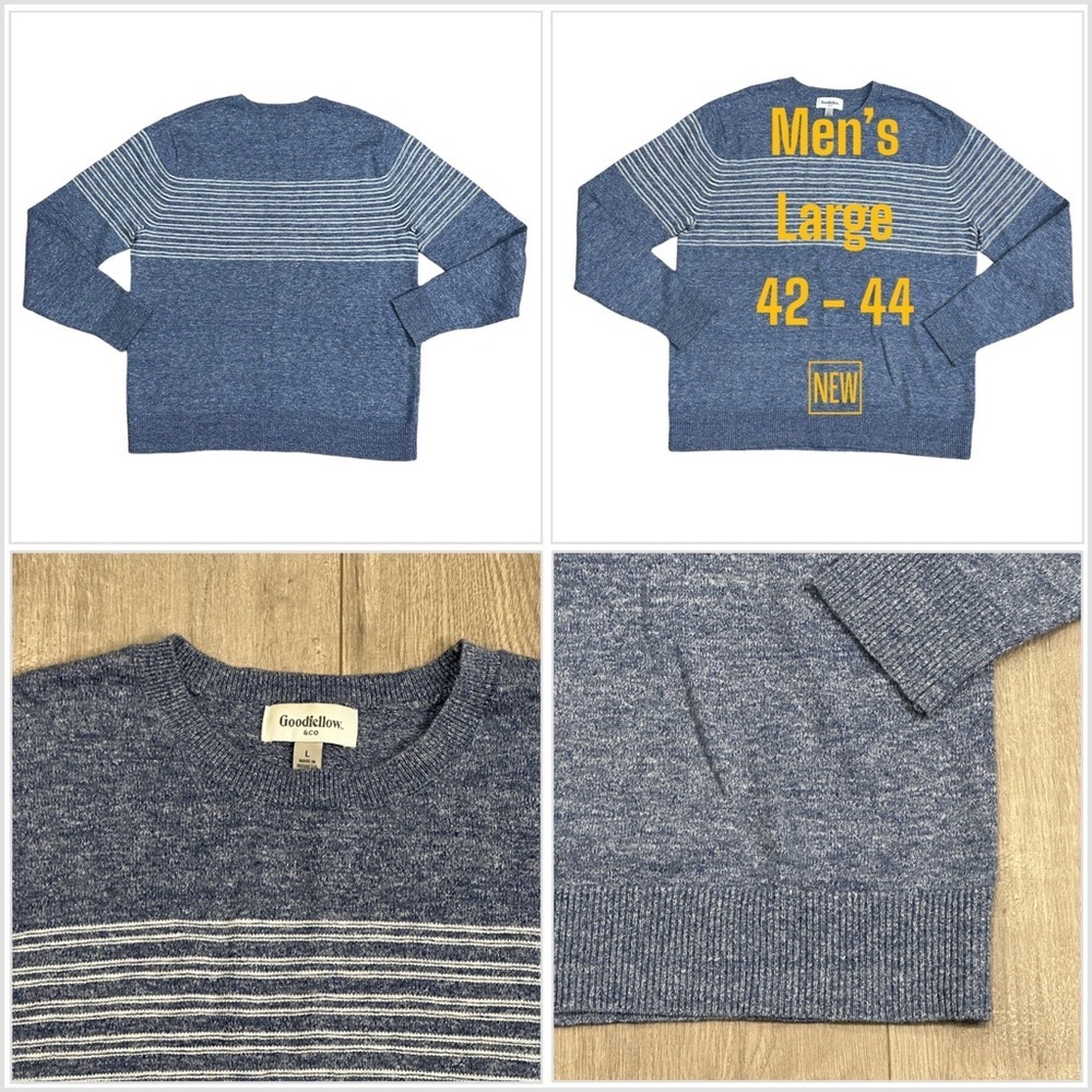 Men’s Goodfellow Large 42 - 44 Crew Sweater Stripes Blue White Long Sleeve NWOT